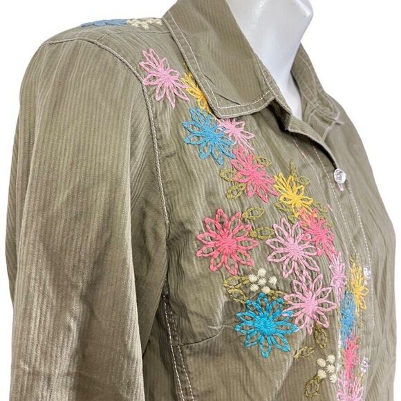 J Jill Womens Embroidered Long Sleeve Bell Sleeve Button Up Green Shirt Top sz 4 - Picture 6 of 16